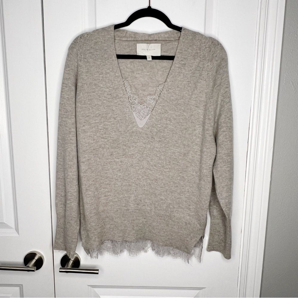 Brochu Walker The Lace Vee Looker Pullover Sweater Cashmere Wool Size S Grey - Picture 5 of 11